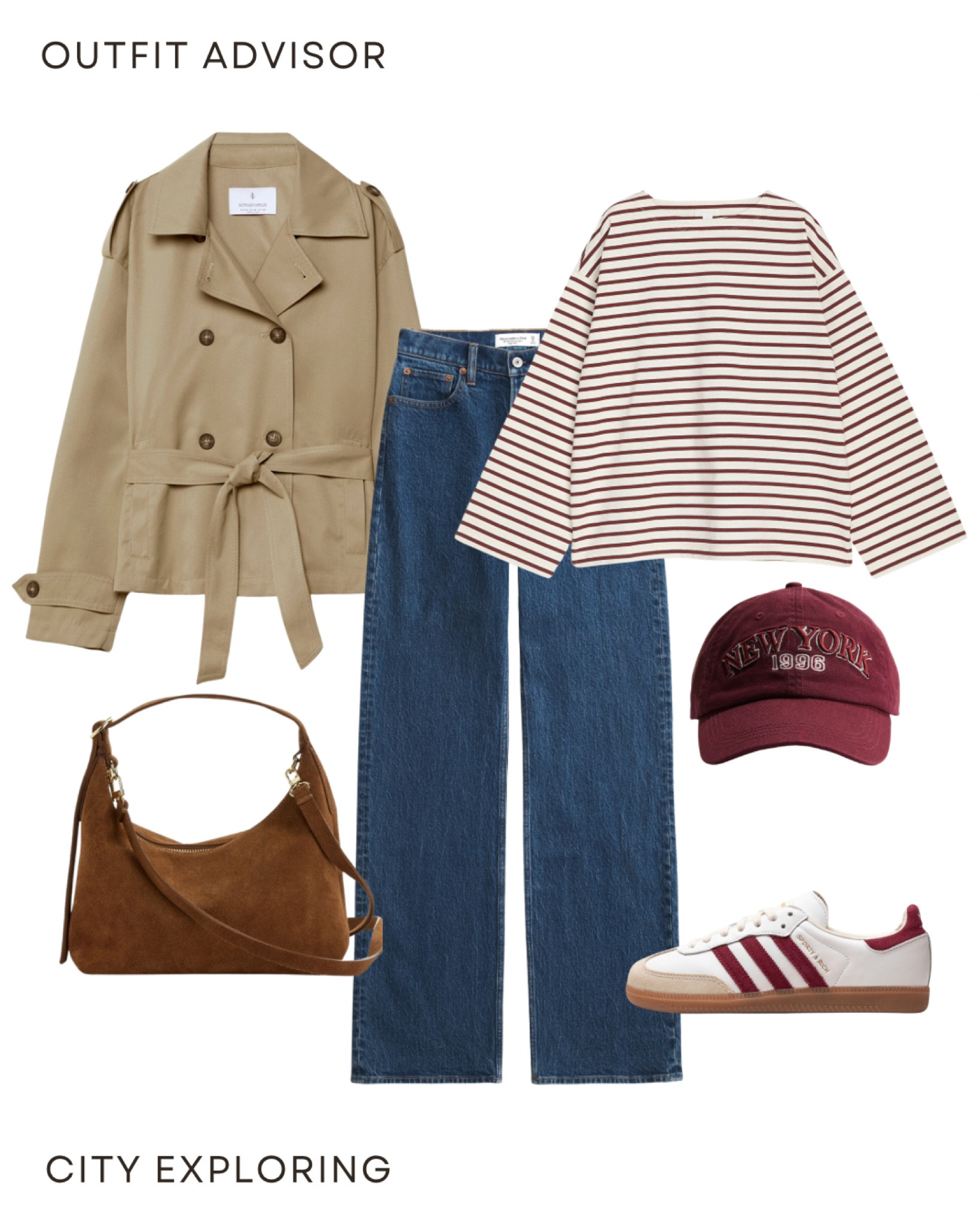 Casual neutral outfit inspo: a cropped trench coat, white striped tee, jeans, adidas sneakers, a baseball cap and a hobo suede bag

#LTKbag #LTKstyletip #LTKsale