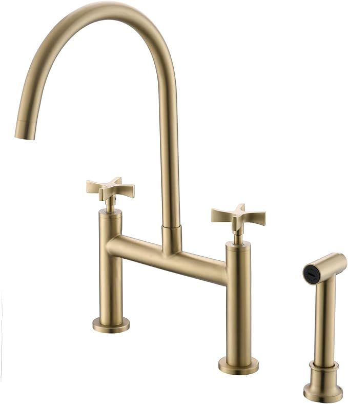 Kitchen Bridge Faucet with Side Sprayer, 8 inch Brass Kitchen Faucet 2 Handles 3 Holes Deck Mount... | Amazon (US)