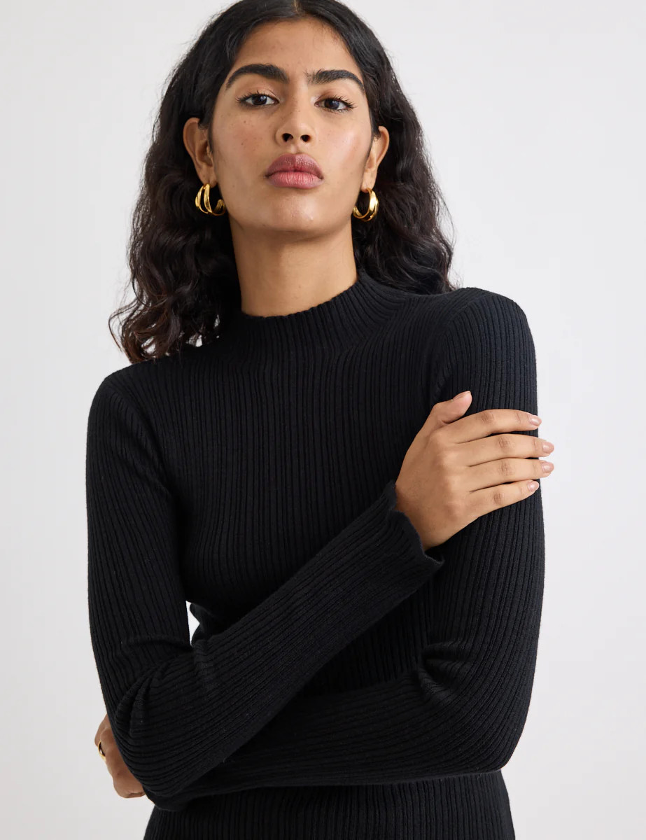 Black Ribbed Wool Blend Funnel Neck Top | Nobody's Child