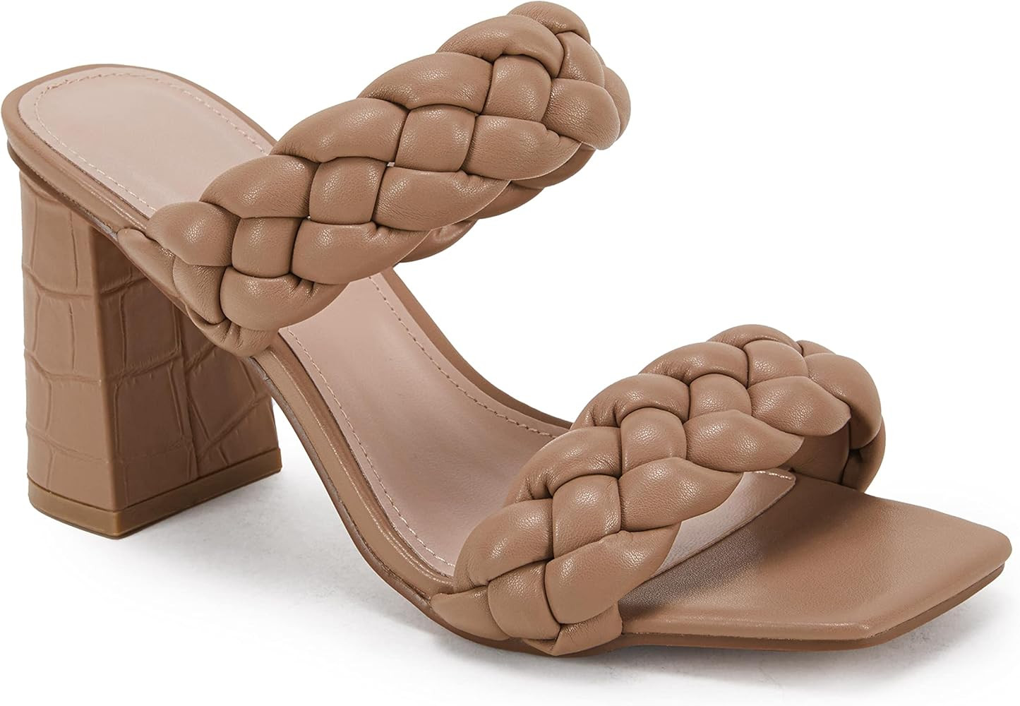 Womens Braided Heeled Sandals Backless Square Open Toe Block Strappy Slip On Slide Shoes | Amazon (US)