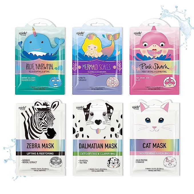 Epielle Character Sheet Masks | Animal Spa Mask | Dalmatian, Zebra, Cat, Shark, Narwhal, Mermaid ... | Amazon (US)