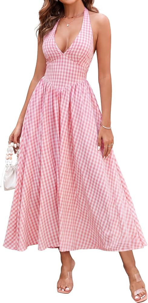 Parthea Women's Gingham Halter V Neck Midi Dress Corset Smocked Sundress Flowy A Line Wedding Gue... | Amazon (US)