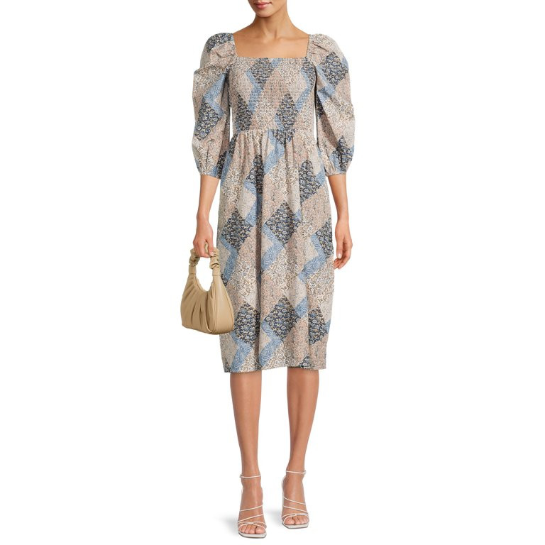 Time and Tru Women's 3/4 Sleeve Smocked Midi Dress | Walmart (US)
