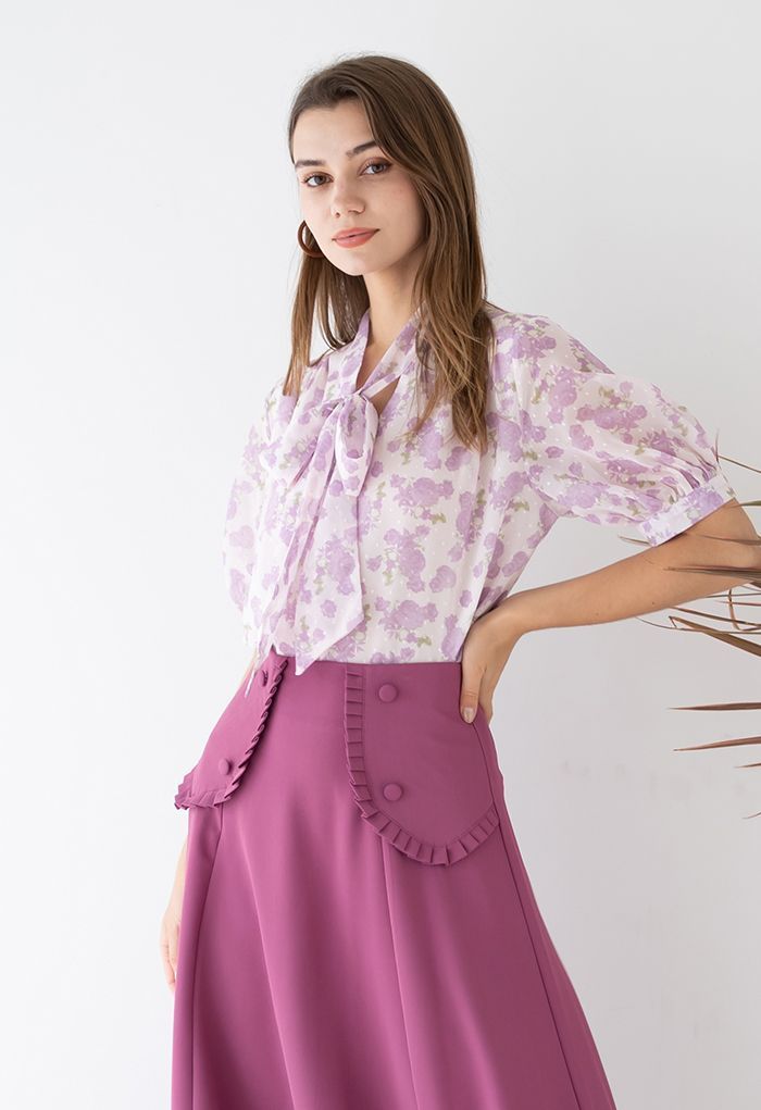 Rose Print Flock Dots Bowknot Chiffon Shirt in Lilac | Chicwish