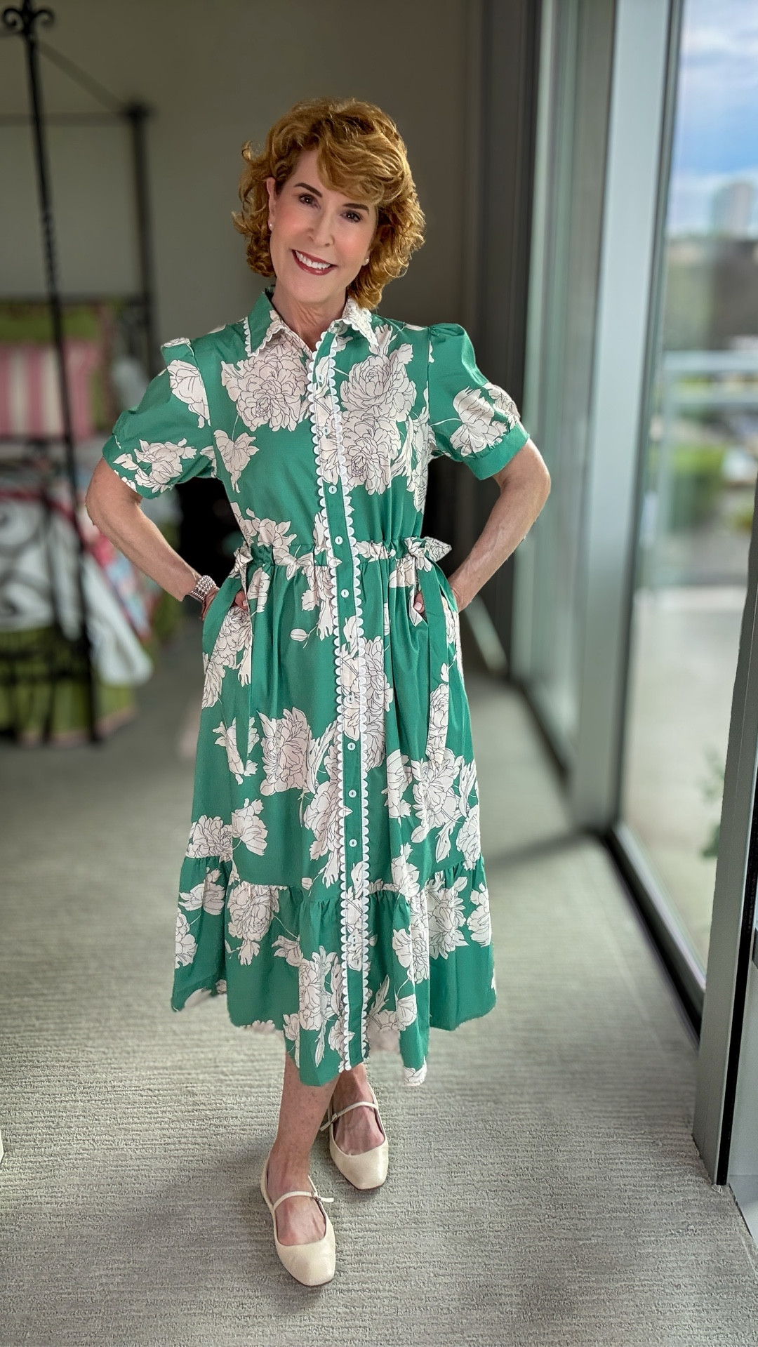 This romantic floral shirt dress is light, breezy, and full of charming details like puff sleeves and scallop trim along the collar and placket. The adjustable side ties create a flattering cinched waist, and it also has pockets and a full button front. I paired it with comfortable leather Mary Jane flats, pearl studs, and an affordable pearl watchband for a timeless look.

#LTKootd #LTKOver40 #LTKSeasonal