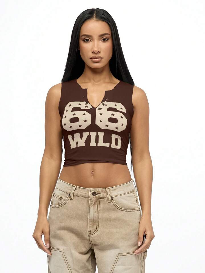 SUMWON WOMEN Wild Number Star Print Crop Tank Top Sleeveless Summer Festival Sports Team Spirit V... | SHEIN