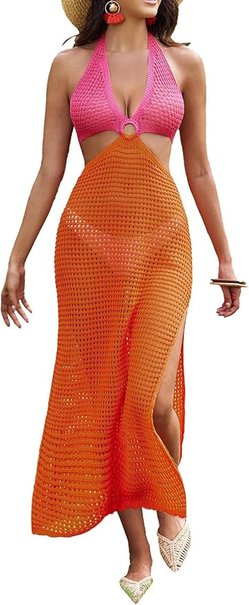 AI'MAGE Womens Crochet Bathing Suit Swimsuit Cover Ups Long Sexy Halter Cut Out Backless Beach Co... | Amazon (US)