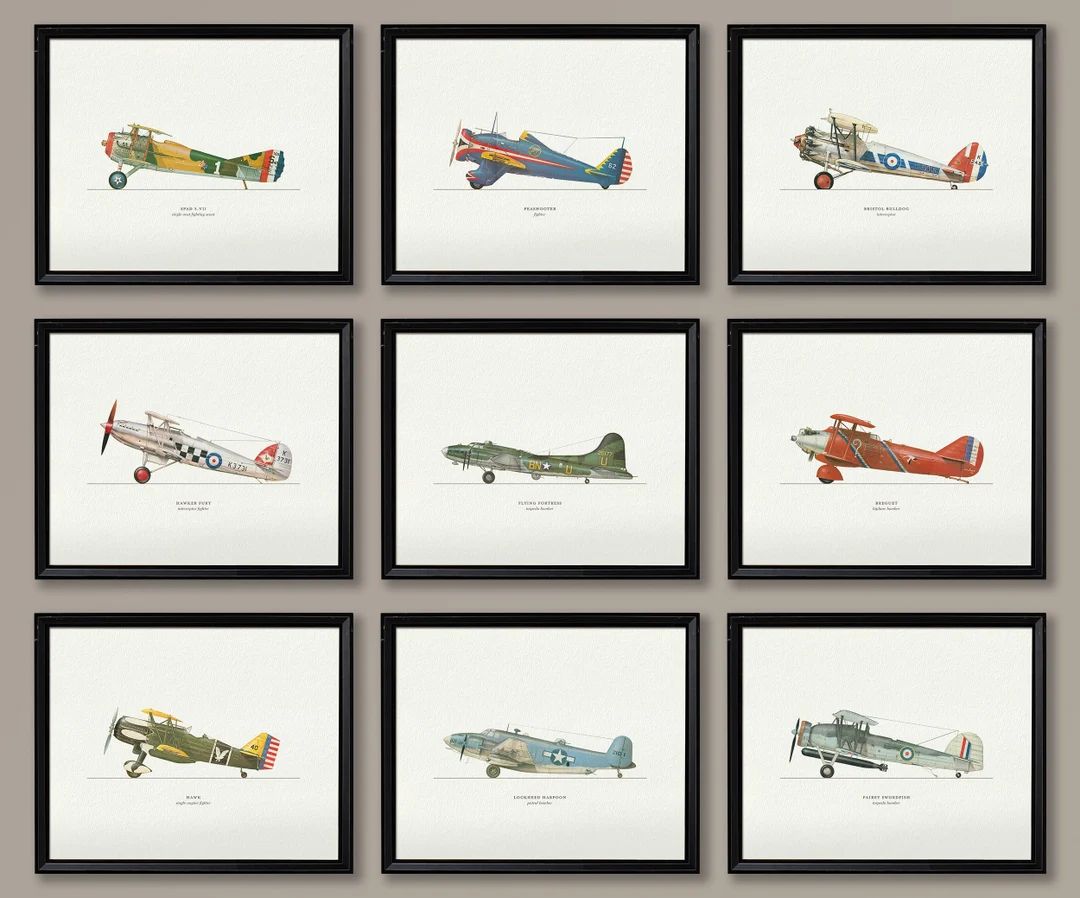 Airplane Wall Art Vintage Plane Collection Aviation Pilot Adventure Aircraft Print Boys Kids Play... | Etsy (US)