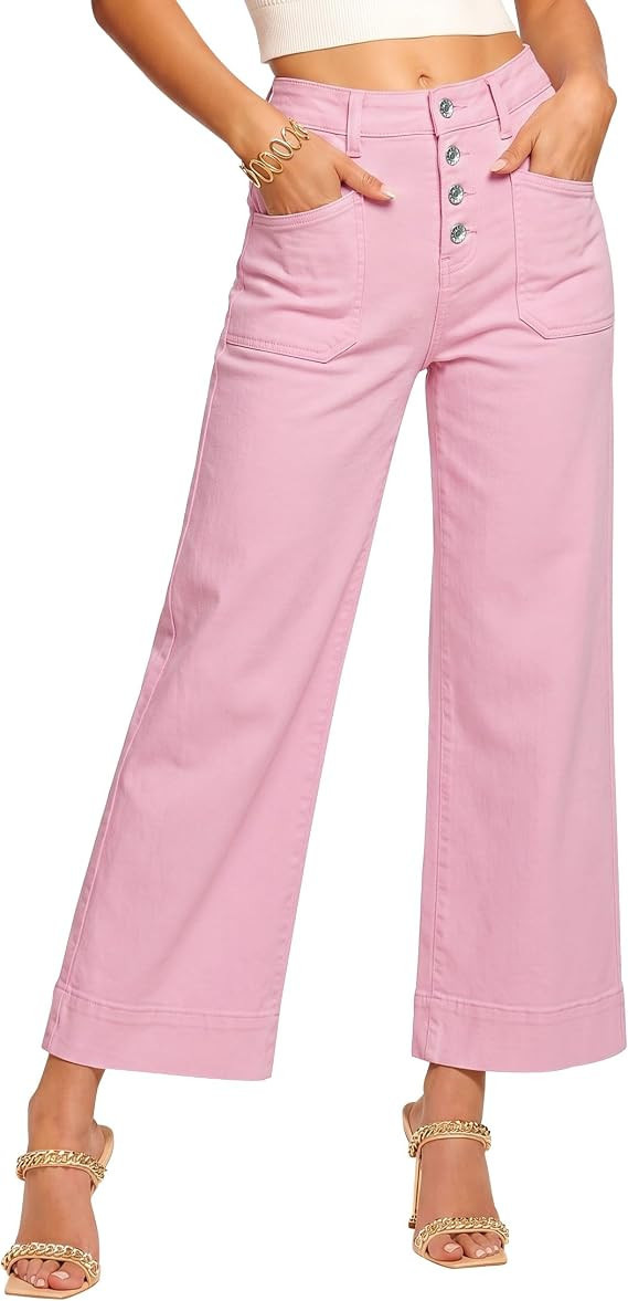 luvamia Wide Leg Jeans for Women Cropped High Waisted Trendy Button Fly Patch Pocket Stretchy Den... | Amazon (US)