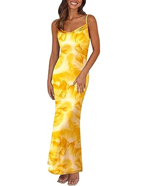 PRETTYGARDEN Women's 2025 Summer Floral Spaghetti Strap Maxi Dress Stretch Sexy Bodycon Dress Bac... | Amazon (US)