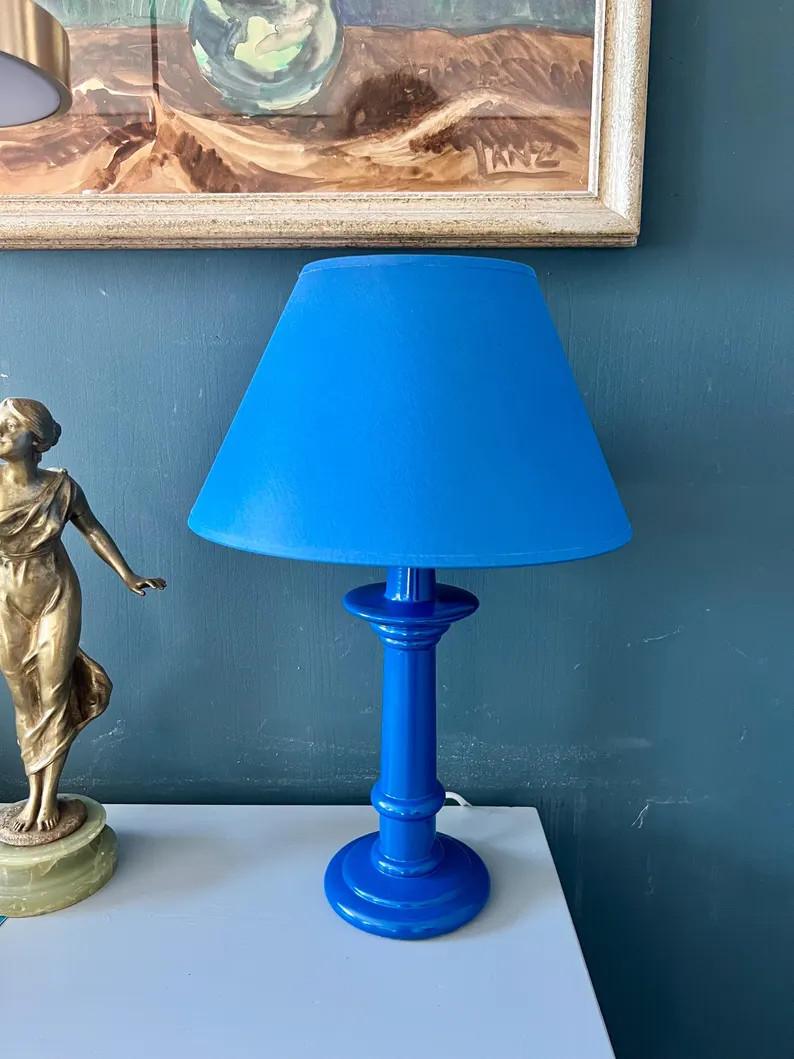 Vintage Glossy Blue Ceramic Table Lamp, Twisted Foot, Bedside Lamp, Blue Shade, 1980s, Interior -... | Etsy (US)