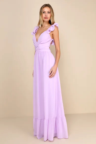 Lulus Soiree Celebration Lilac Ruffled Lace-Up Maxi Dress | Lulus