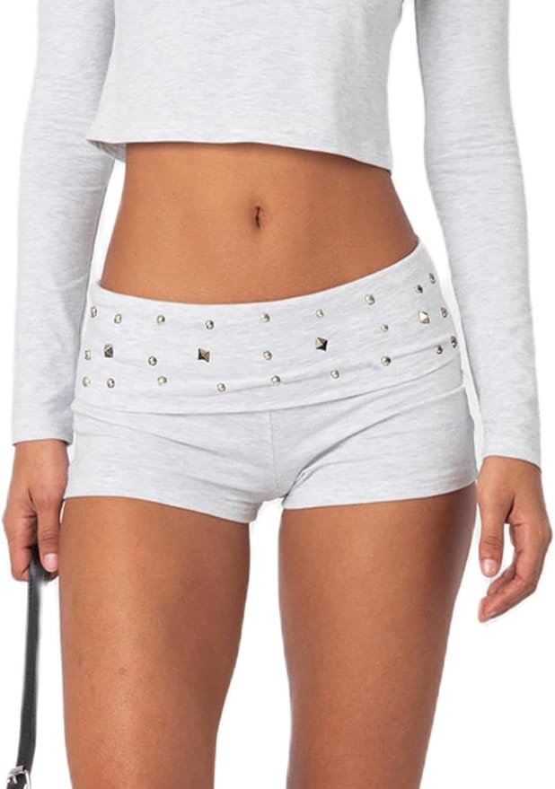 Women Y2K Low Waist Studded Shorts Punk Fold Over Slim Fit Skinny Micro Mini Shorts Low Rise Sexy... | Amazon (US)