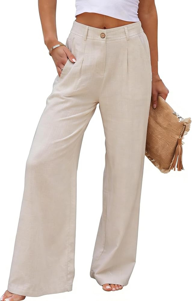 heipeiwa Women's Linen Pants Casual High Waist Wide Leg Straight Dress Cotton Linen Button Trouse... | Amazon (US)