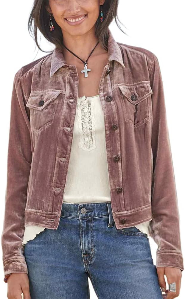 Women's Solid Long Sleeve Velvet Jacket Casual Button Down Short Coat with Pockets Outerwear | Amazon (US)