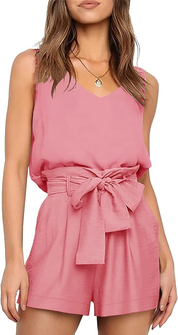 Zbyclub Womens Two Piece Outfits Summer Short Romper Jumpsuit Sleeveless V Neck Tank Top High Wai... | Amazon (US)
