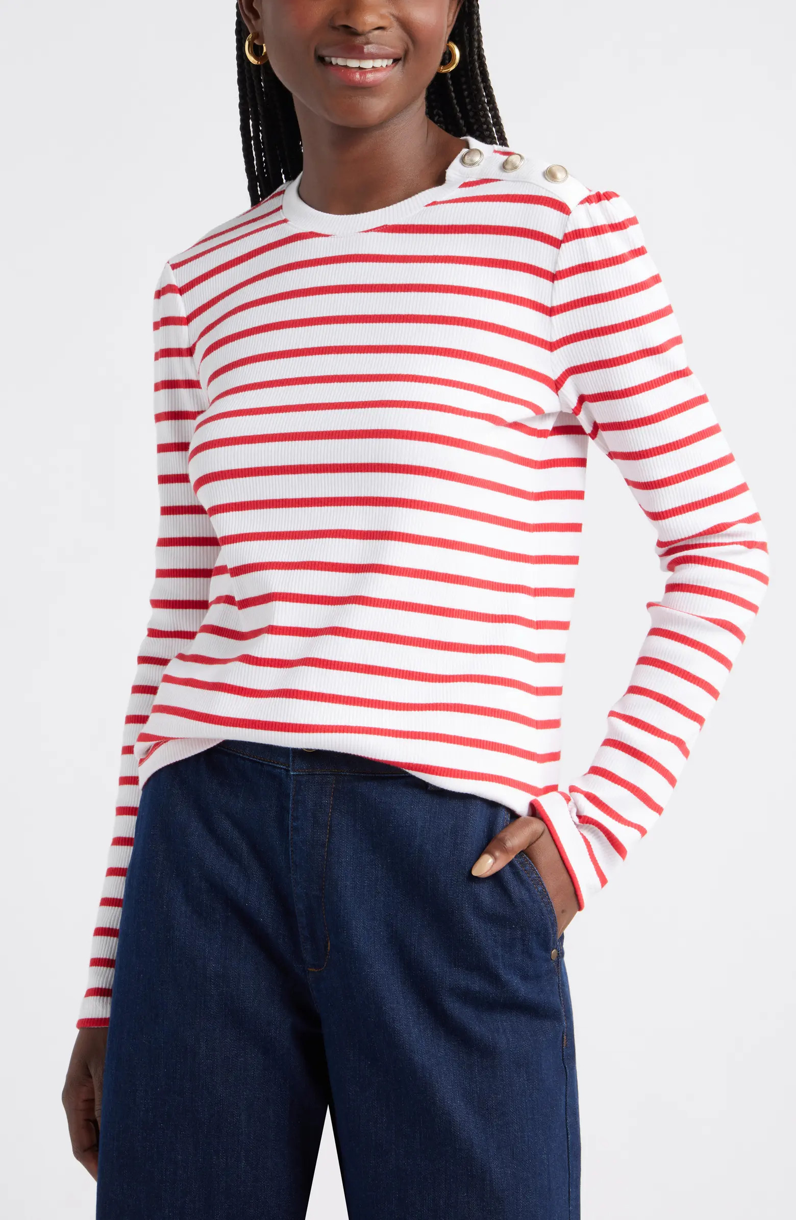 Caslon® Stripe Button Shoulder Long Sleeve Rib T-Shirt | Nordstrom | Nordstrom