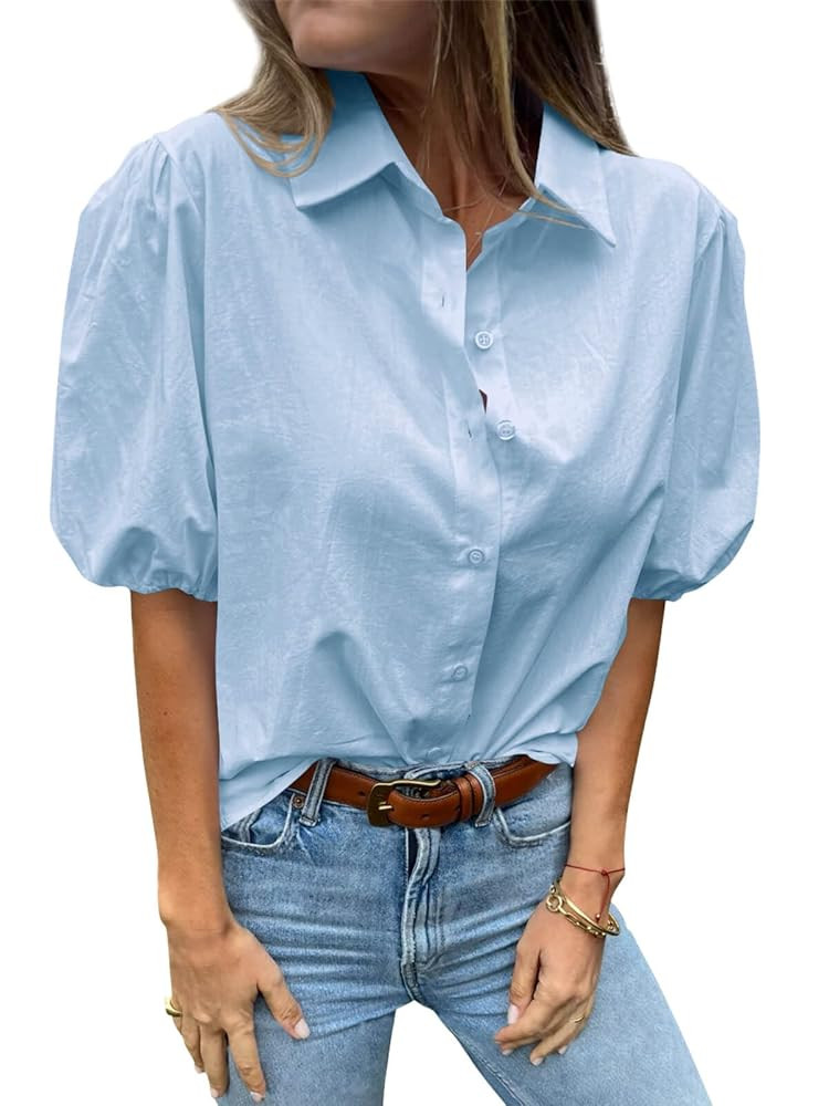 Tankaneo Women's Button Down Shirts Short Puff Sleeve Collared Dressy Casual Blouse Tops | Amazon (US)