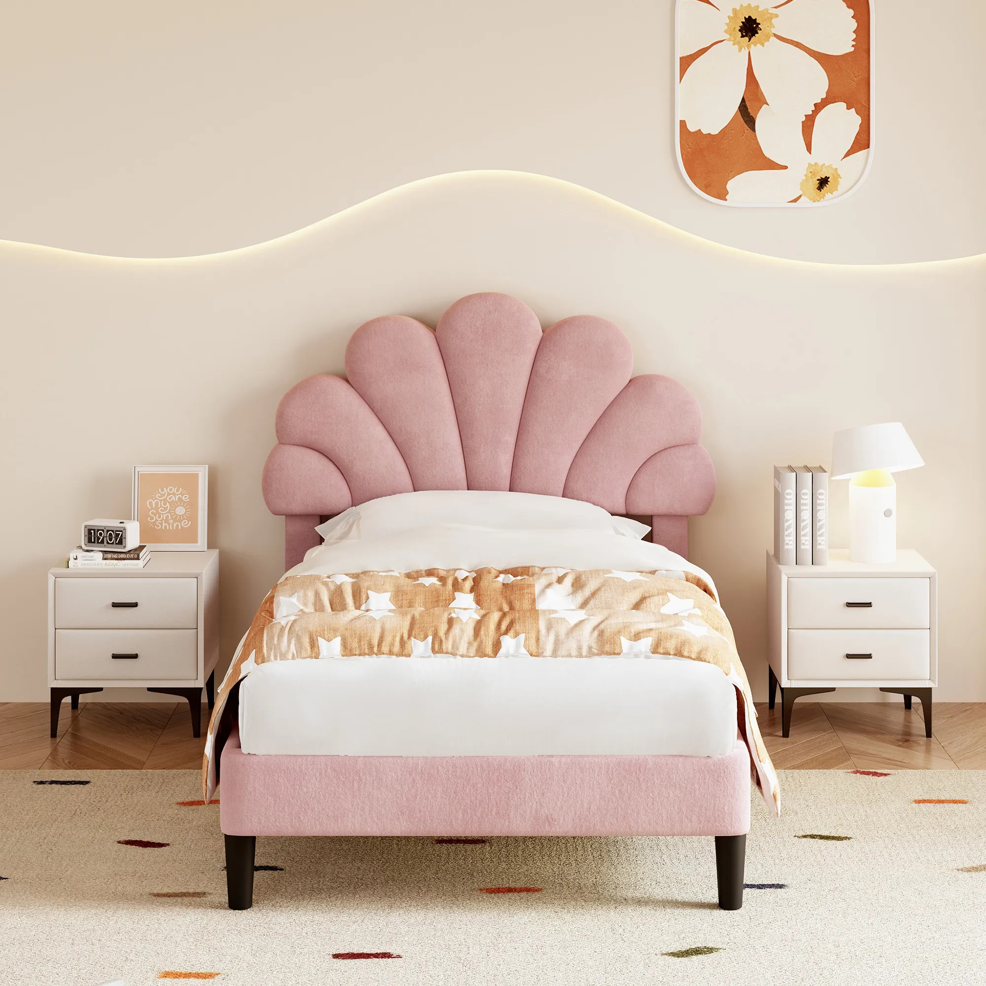 Matteo Single 3ft Pink Velvet Bed Frame, Adjustable Petal Headboard, Solid Wood Slats | Debenhams | Debenhams UK