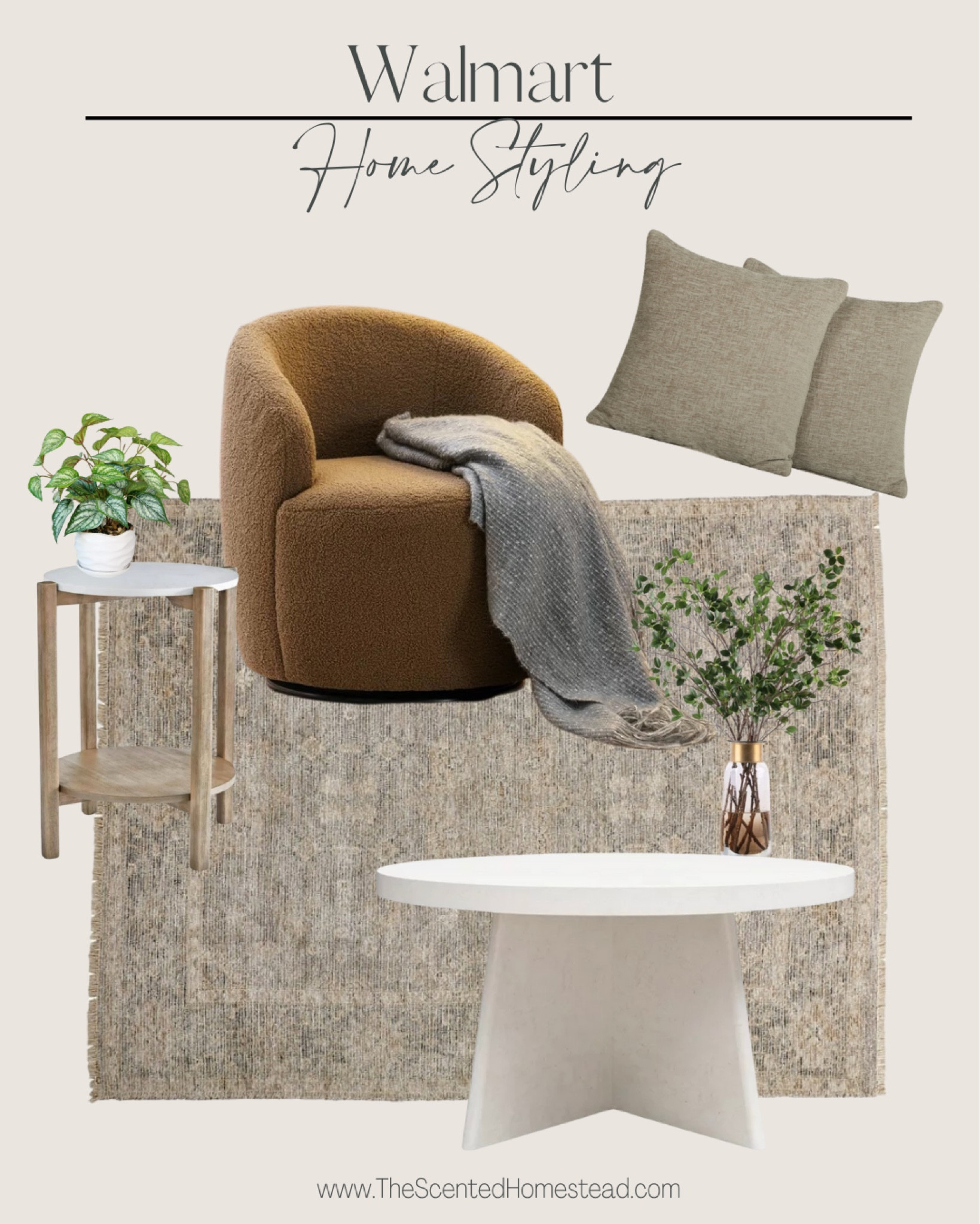 Walmart living room styling, faux greenery, faux ficus twig leaf plant, Better Homes & Gardens round marble end table, Anysun swivel barrel accent chair, queer Eye Liam round coffee table, plaster, chenille beige throw pillows, Ramey Vintage wool rug, tan/gray area rug. 

#LTKunder100 #LTKFind #LTKhome