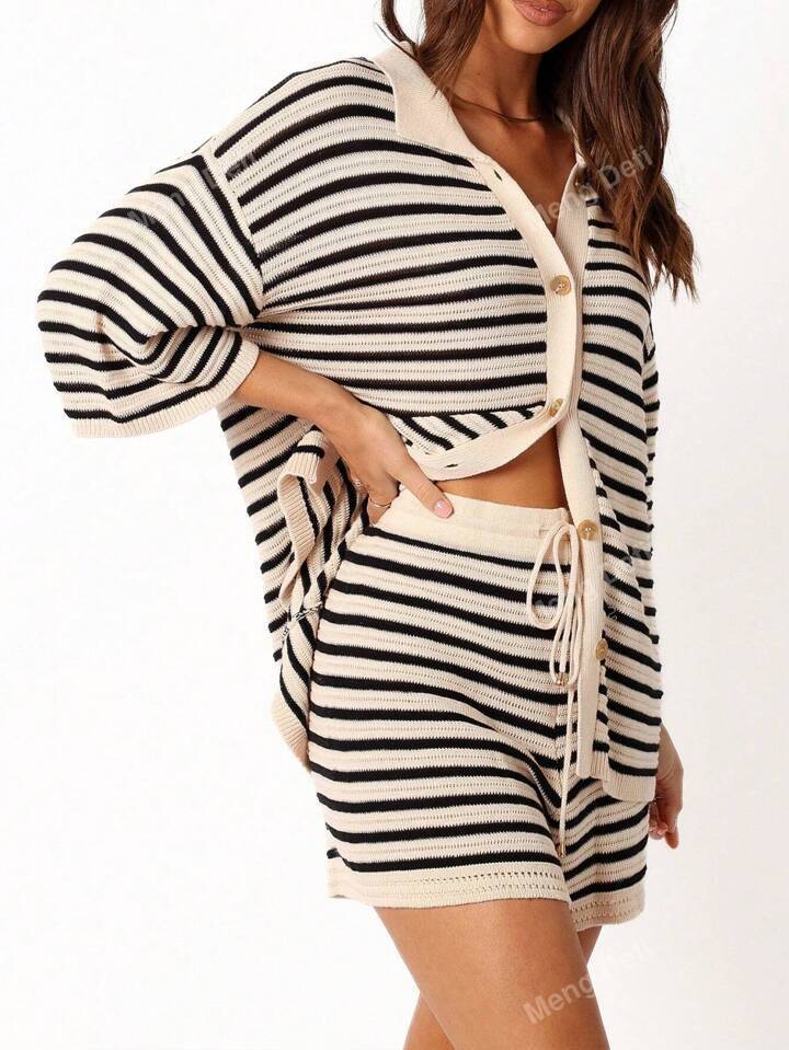 Casual Striped Shirt Top And Loose Fit Shorts 2-Piece Set | SHEIN