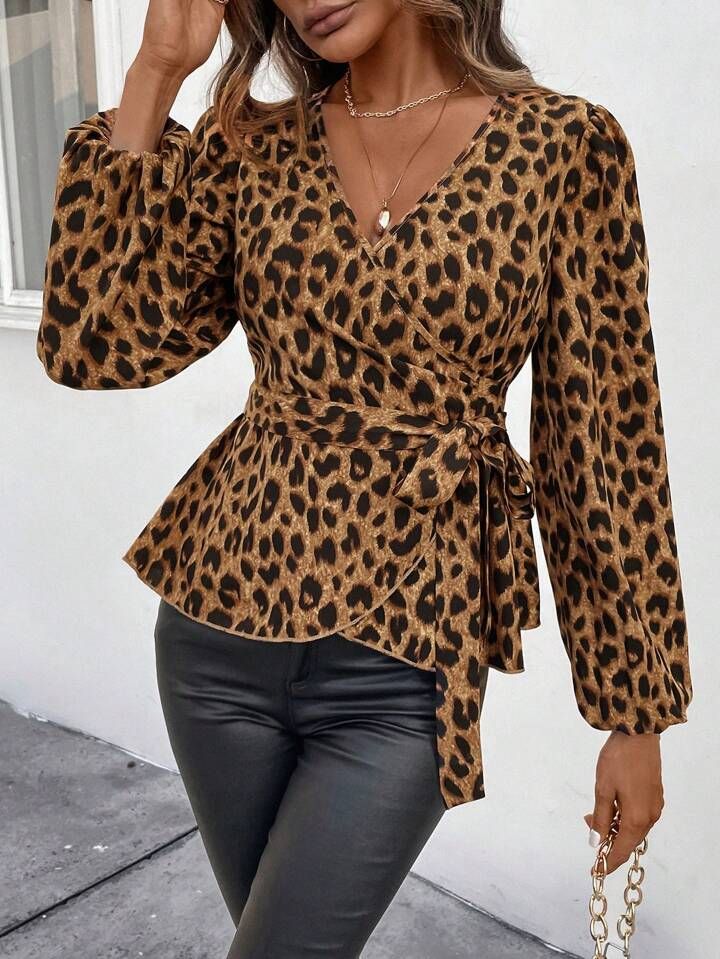 Leopard Print Wrap Belted Shirt | SHEIN