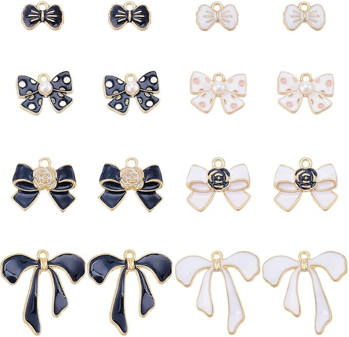 SUNNYCLUE 1 Box 48Pcs 8 Styles Black White Bow Charms Bulk Bowknot Charms Mini Enamel Pearl Flowe... | Amazon (US)