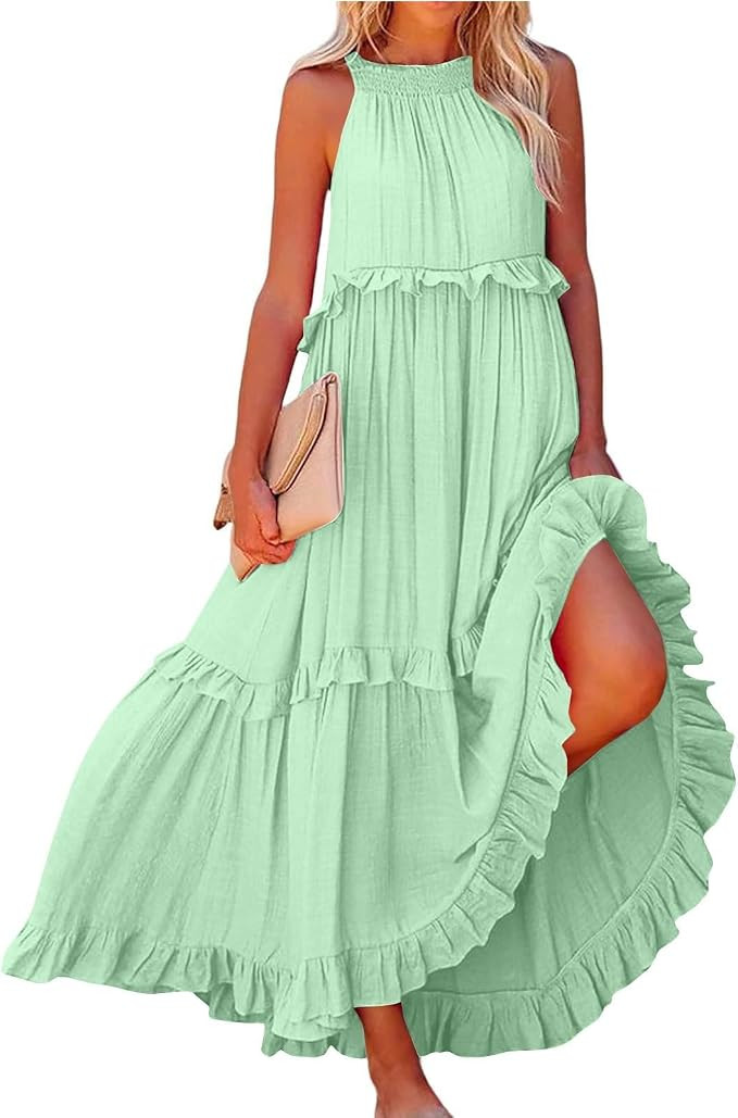 Smocked Dress Women Summer Sleeveless Tank Sundress Halter Tie Back Loose Flowy Ruffle Maxi Dress... | Amazon (US)
