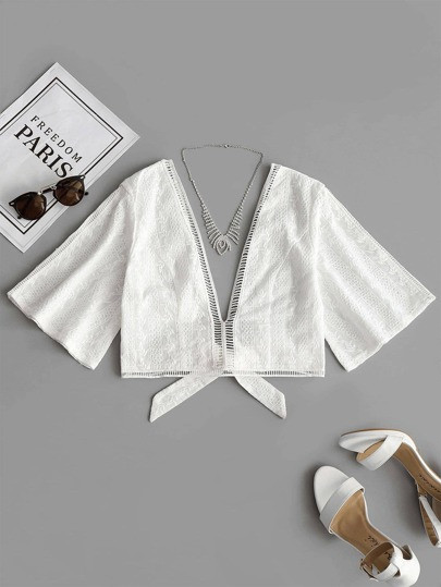 Deep V Neck Tie Back Crop Blouse | SHEIN