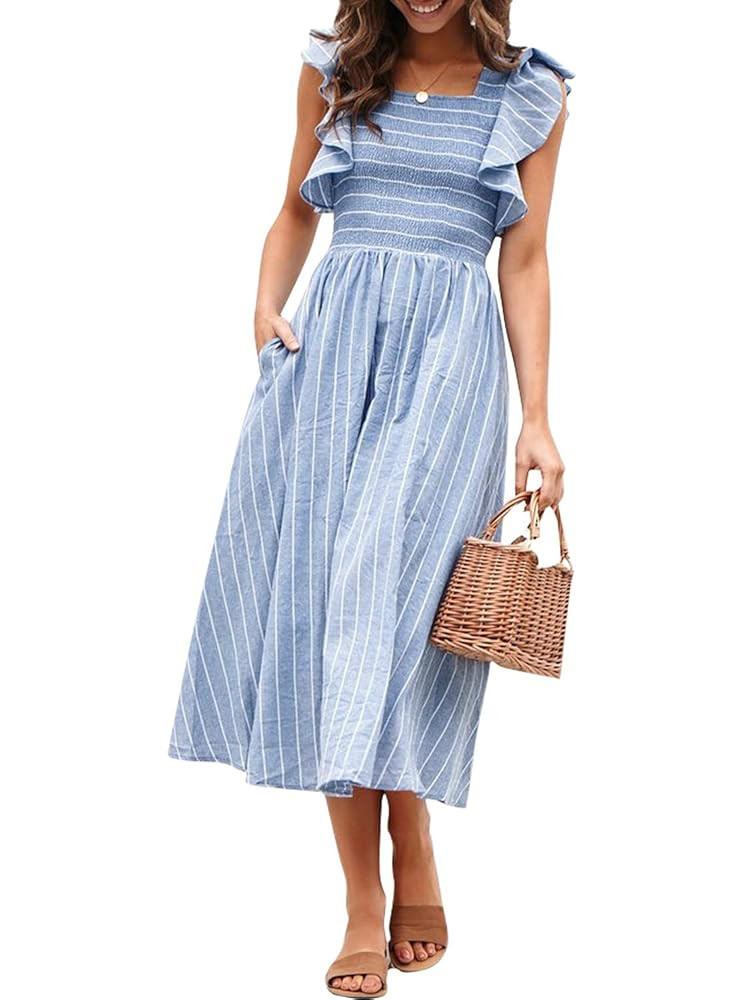 Miessial Womens Casual Summer Midi Dress Short Sleeve Smocked Linen Dresses 2025 Boho Beach Weddi... | Amazon (US)