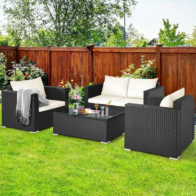Costway 4 Pieces Patio Rattan Furniture Set Cushioned Sofa Chair Coffee Table Off White | Walmart (US)