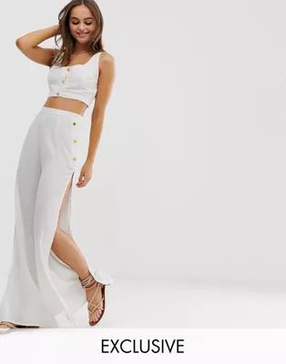 Glamorous Exclusive button crop & beach pants two-piece in white | ASOS (Global)