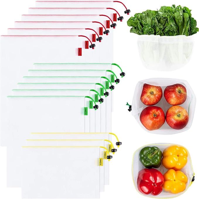 Set of 15 Reusable Mesh Produce Bags - Eco-Friendly - Washable and See-Through - with Colorful Ta... | Amazon (US)