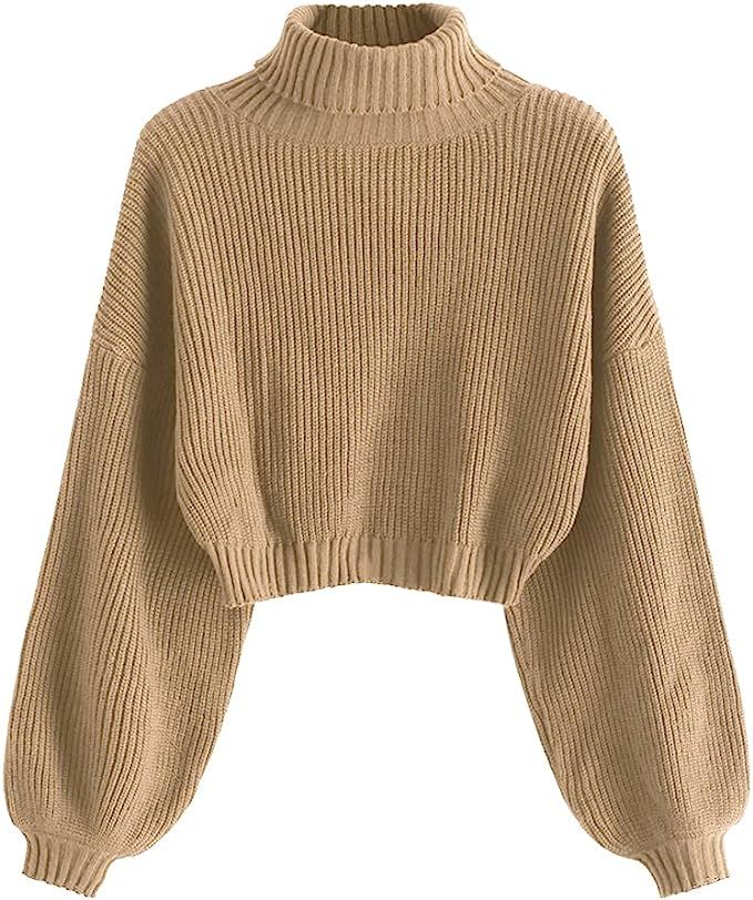 ZAFUL Women's High Neck Lantern Sleeve Ribbed Knit Pullover Crop Sweater Jumper | Amazon (US)