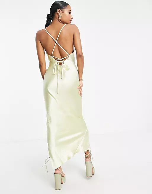 ASOS DESIGN Petite cami maxi slip dress in high shine satin with lace up back in soft yellow | AS... | ASOS (Global)