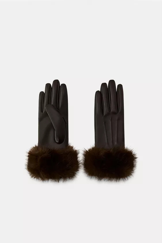 CONTRAST FAUX LEATHER GLOVES WITH FAUX FUR | Zara US