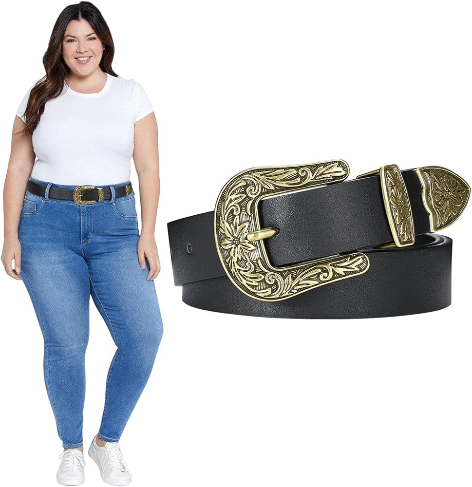 JASGOOD Women Plus Size Leather Belt Ladies Western Vintage Style Belt for Pants Jeans Dress | Amazon (US)