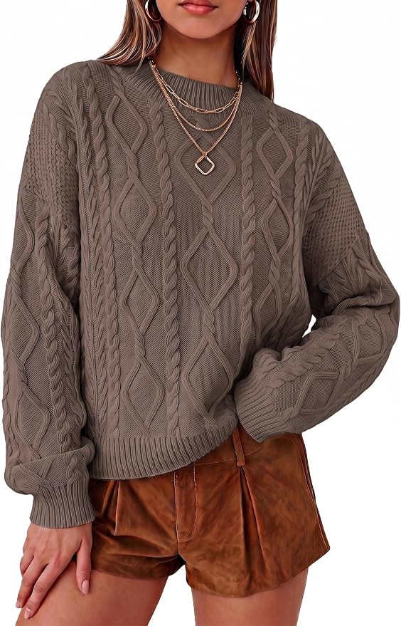 Arach&Cloz Women's Oversized Cropped Cable Knit Casual Sweater Tops | Amazon (US)