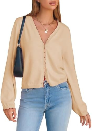 EXLURA Women's V Neck Cardigan Sweaters Long Sleeve Button Down Contrast Wavy Trim Lightweight So... | Amazon (US)