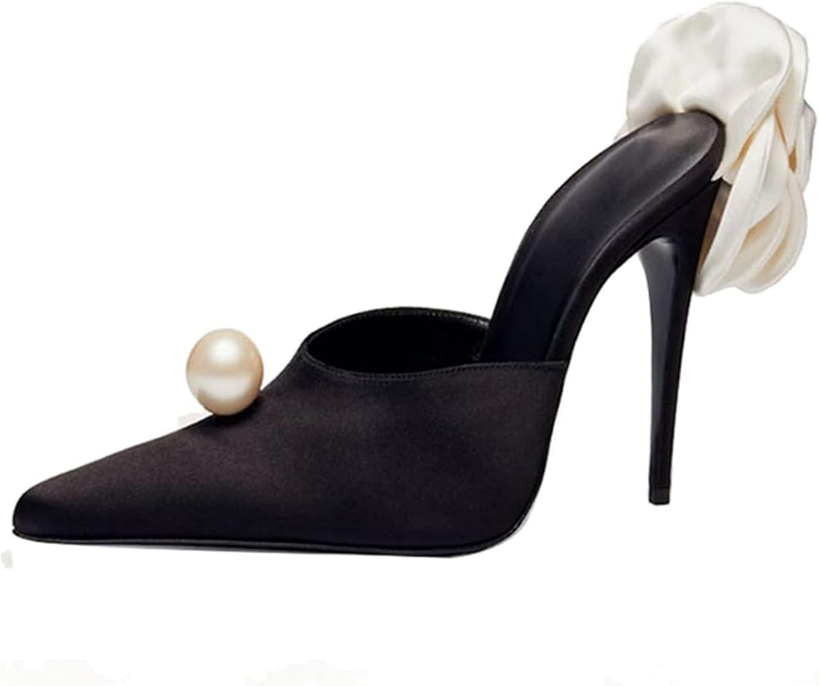 Goolita Flower Burgundy Pearl Mule Heels For Women, Stiletto Heel Slip On Pointed Toe Heeled Sand... | Amazon (US)