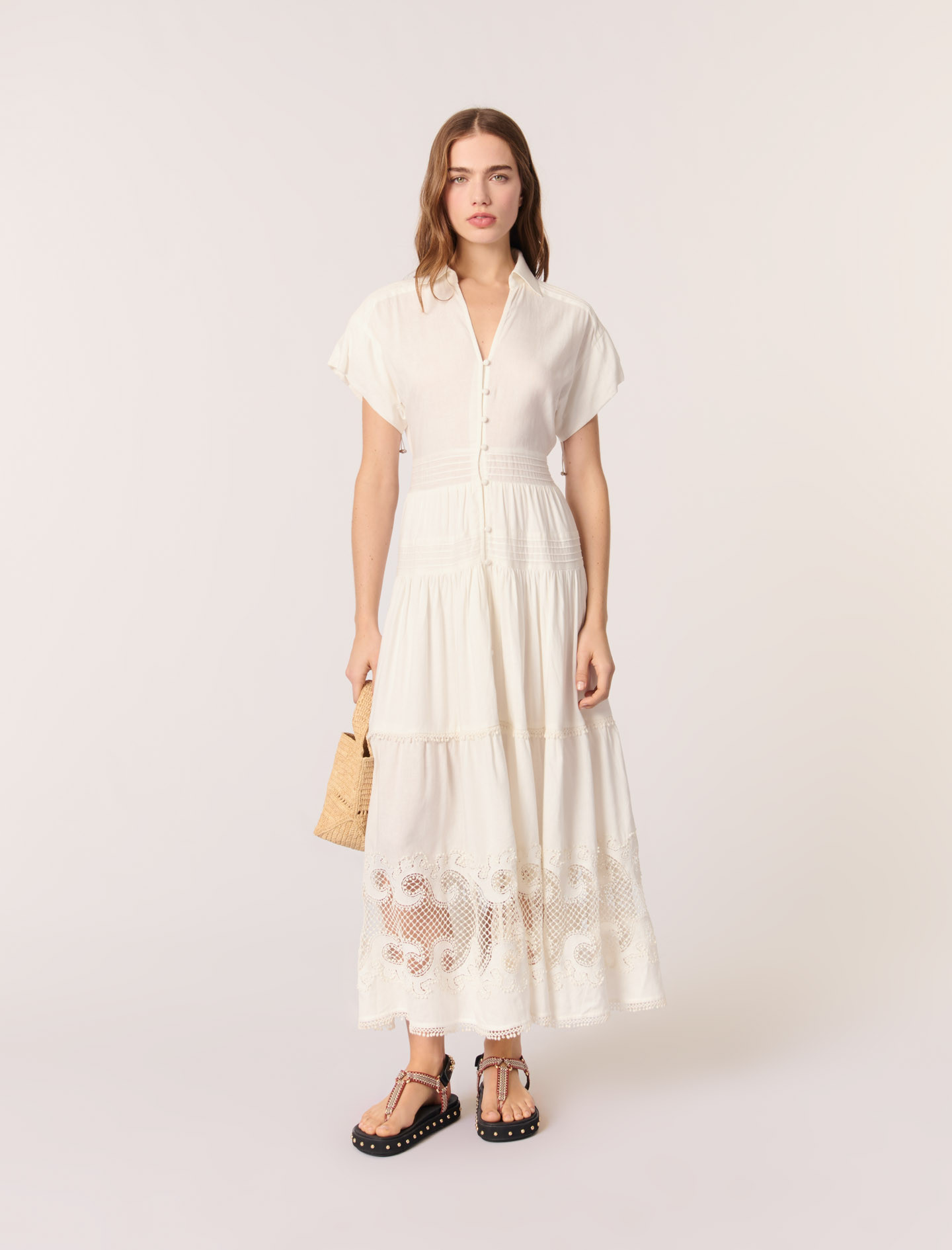 Robe longue brodée à volants blanc pour femme | Maje | Maje EU