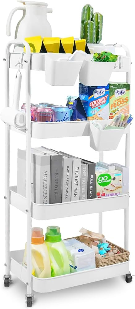 4-Tier Rolling Utility Cart, Metal Storage Cart with 3 Hanging Cups & 4 Hooks, Multifunctional Or... | Amazon (US)