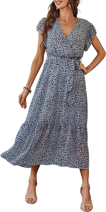 PRETTYGARDEN Women's 2024 Floral Boho Dress Wrap V Neck Short Sleeve Belted Ruffle Hem A-Line Flo... | Amazon (US)