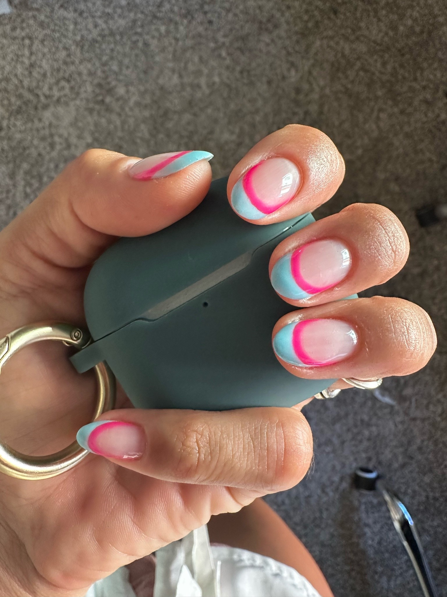 Newest mani. I went shorter in length (so I can play softball 🥎 😅) and went with the fun and bright lined French! I’ll post it again so it’s a clearer pic.
• I linked everything I used to this post

#LTKselfcare #LTKSeasonal #LTKBeauty