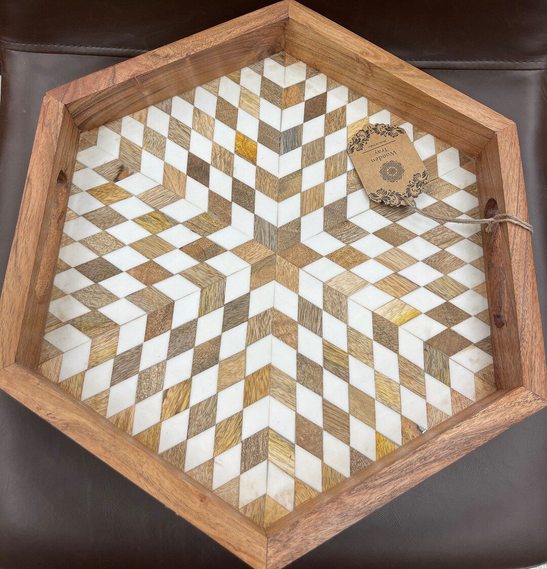 Handmade Indian Wooden and Bone Geometric Design Hexagon Tray - Etsy | Etsy (US)
