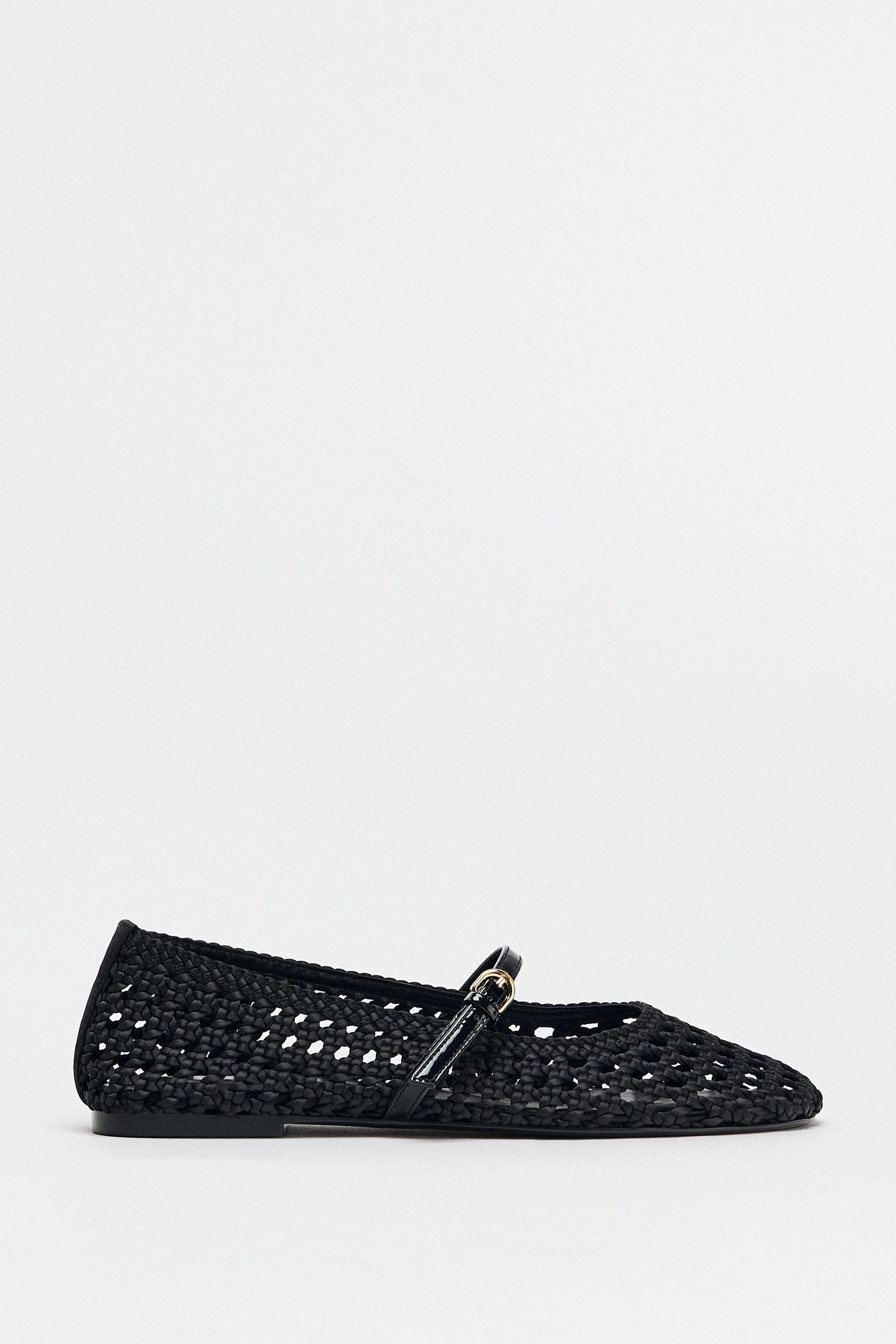 Flat ballerina shoes with a woven fabric top. Strap and buckle detail on the front. Round toe. So... | Zara UK