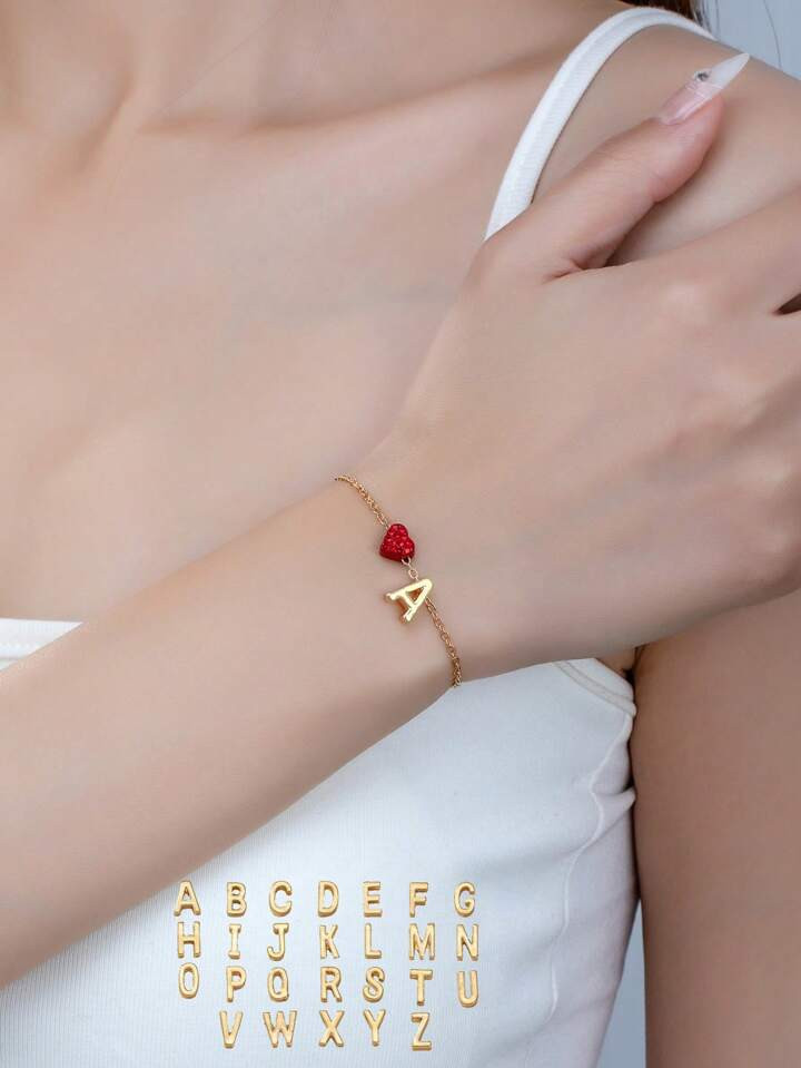 1pc European & American Style Fashionable Personalized Metallic A-Z 26 Alphabet Red Heart Shaped ... | SHEIN