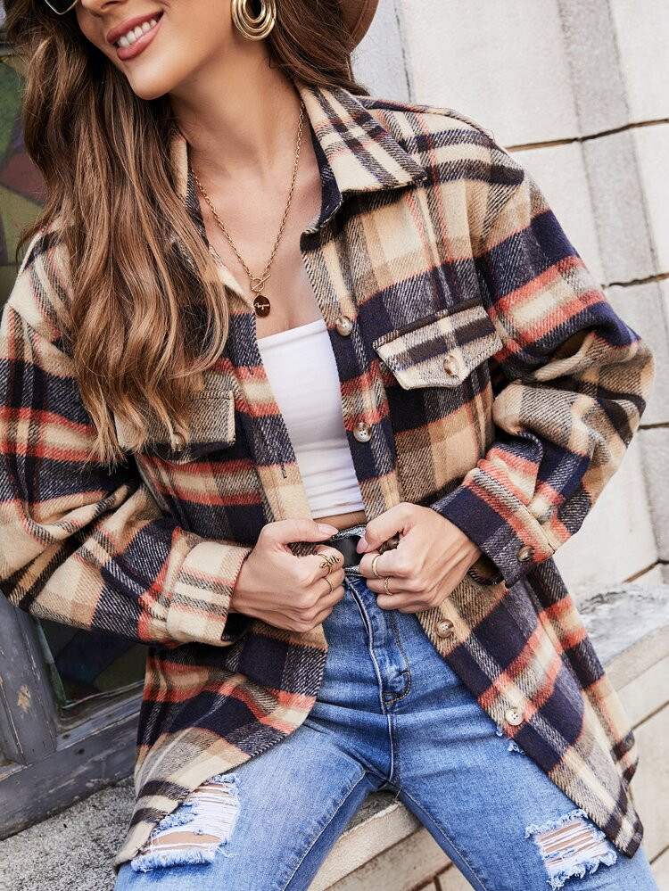 Plaid Print Drop Shoulder Overcoat | SHEIN