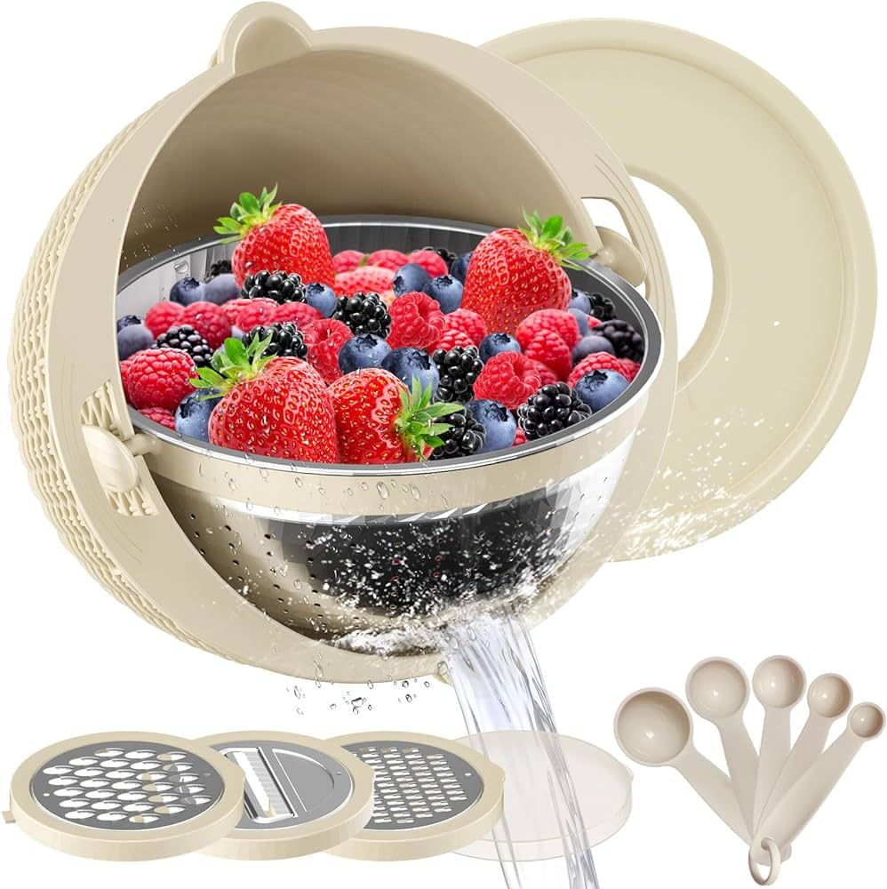 4-1 Colander with Mixing Bowl Set - Colander Bowl with Measuring Spoons - Fruit Strainer Bowl, Co... | Amazon (US)