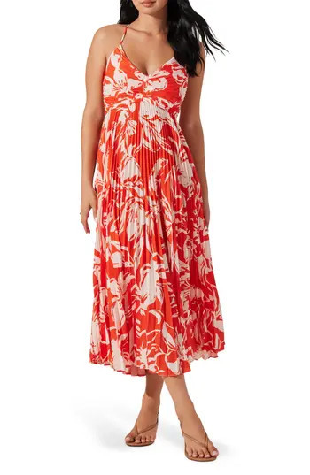 ASTR the Label Blythe Pleated Maxi Dress in Hot Orange Floral at Nordstrom Rack, Size X-Small | Nordstrom Rack